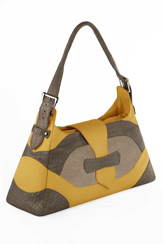 Mustard yellow, bronze beige and taupe brown women's dress handbag, matching pumps and belts. Worn view - Florence KOOIJMAN